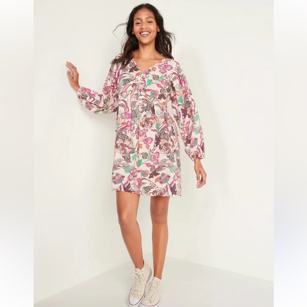 Old Navy Pink and Green Wrap Sundress with Bishop Sleeves